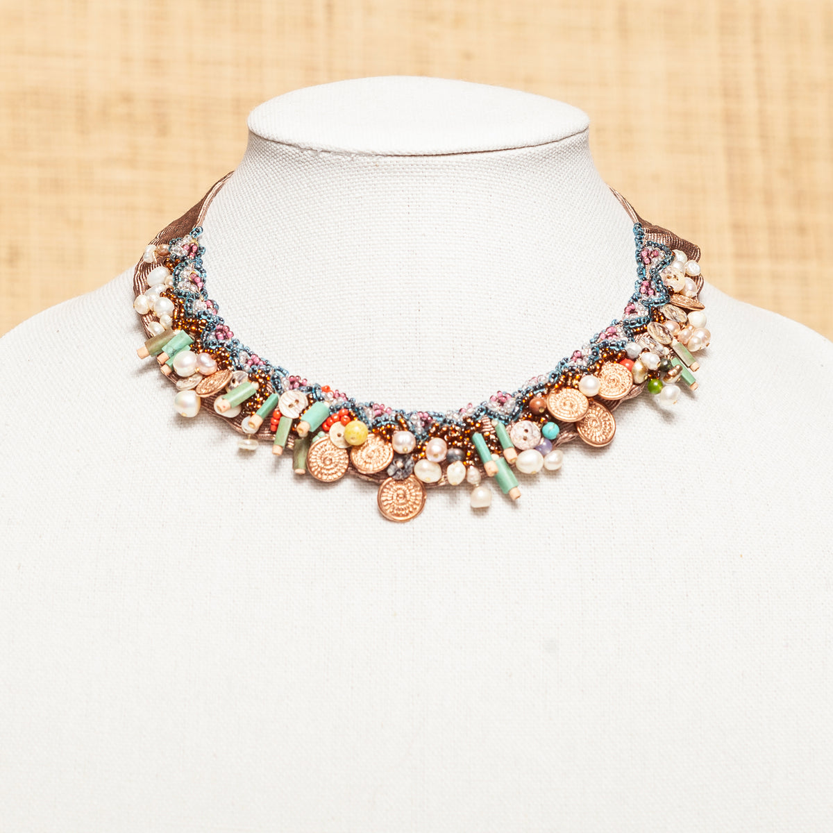 Narrow in Brown with Turquoise Beads Tribal Necklace