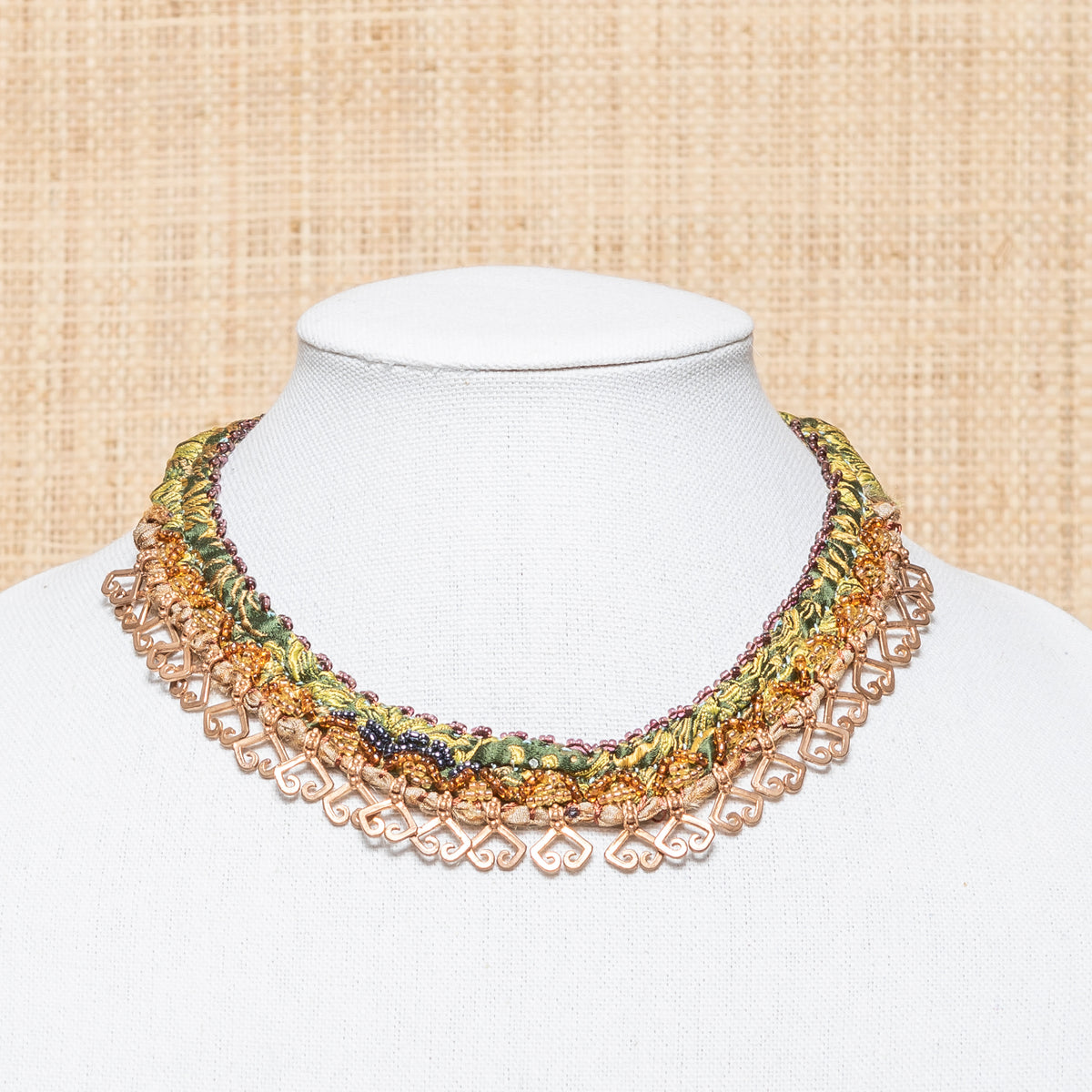 Narrow in Vintage Silk and Copper Tribal Necklace